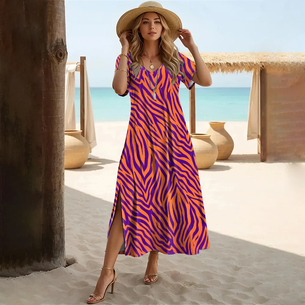 Fashions Women's Clothing Elegant Womens V-Neck Dresses Leopard Print Slit Long Dress Woman A-Line Skirt Summer Loose Pullover - Image 15