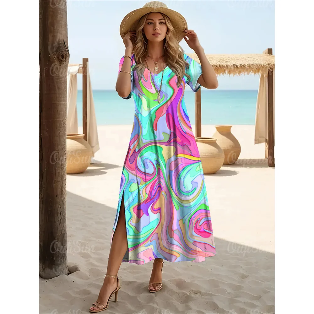 Fashions Women's Clothing Elegant Womens V-Neck Dresses Leopard Print Slit Long Dress Woman A-Line Skirt Summer Loose Pullover - Image 28