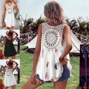 Women's White Tank Blouses Boho Fashion Simple Back Lace Hollow Vest Tops  2024 New Summer Sexy Beach Vacation Women Clothing