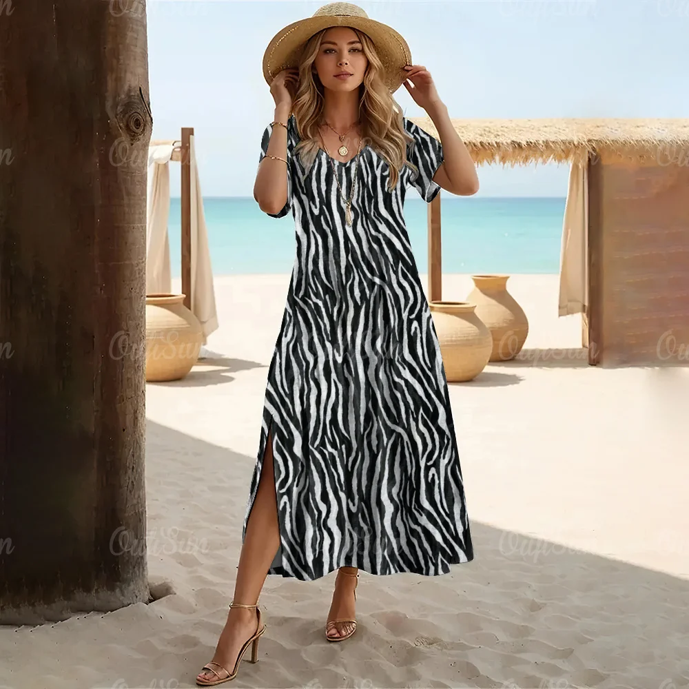 Fashions Women's Clothing Elegant Womens V-Neck Dresses Leopard Print Slit Long Dress Woman A-Line Skirt Summer Loose Pullover - Image 19