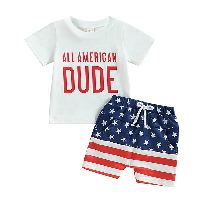 2023-02-28 Lioraitiin 0-3Years Toddler Boys 4th of July Outfits Short Sleeve Letter Print T-Shirts Knot Front Shorts Set - Image 8
