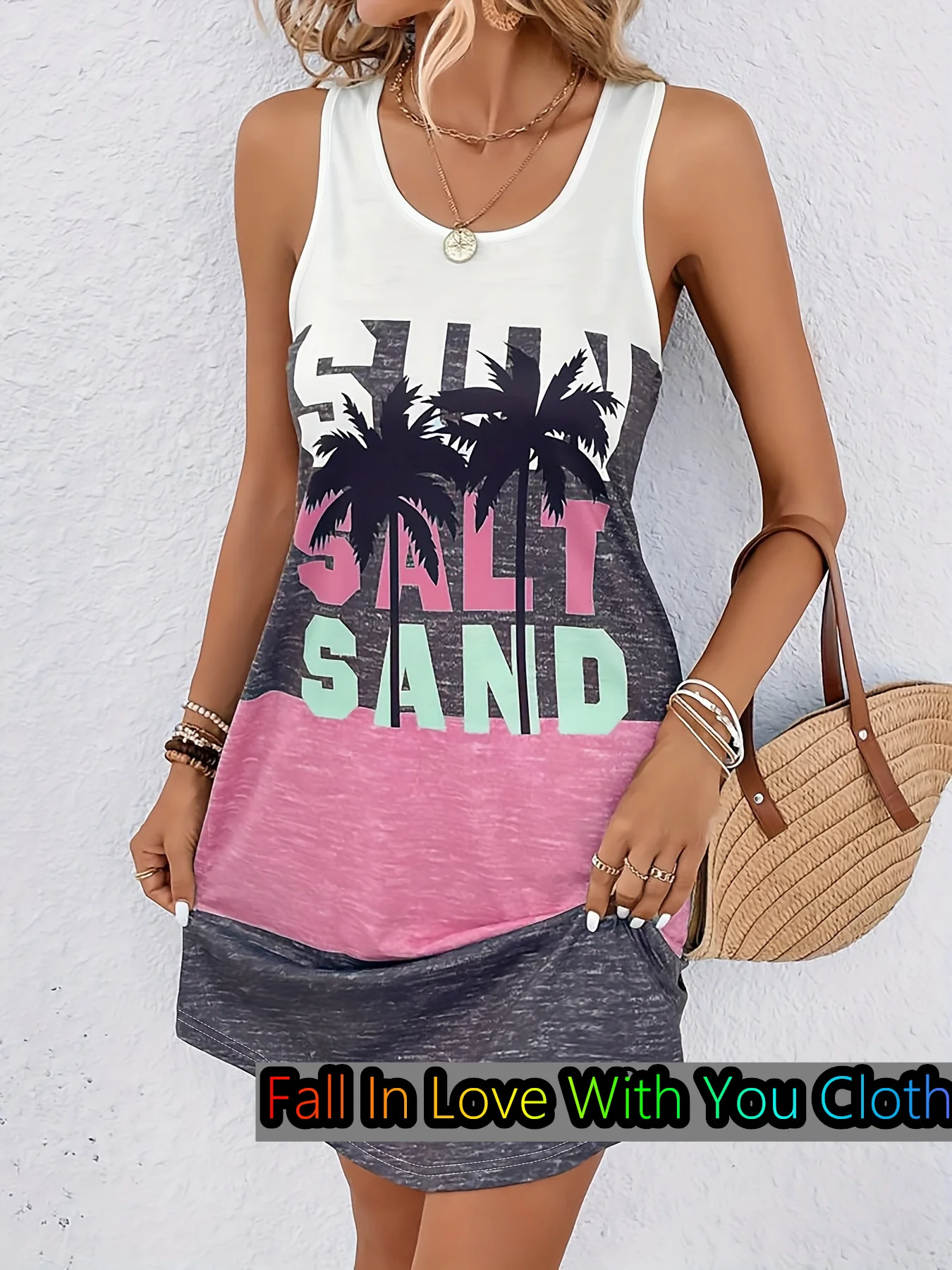 Fashion Coconut Tree & Color Block Sleeveless Round Neck Dress Summer Vacation Casual Dress Beach Bohemian Dress Women Clothing - Image 7