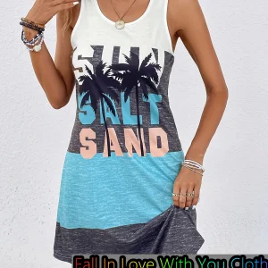 Fashion Coconut Tree & Color Block Sleeveless Round Neck Dress Summer Vacation Casual Dress Beach Bohemian Dress Women Clothing