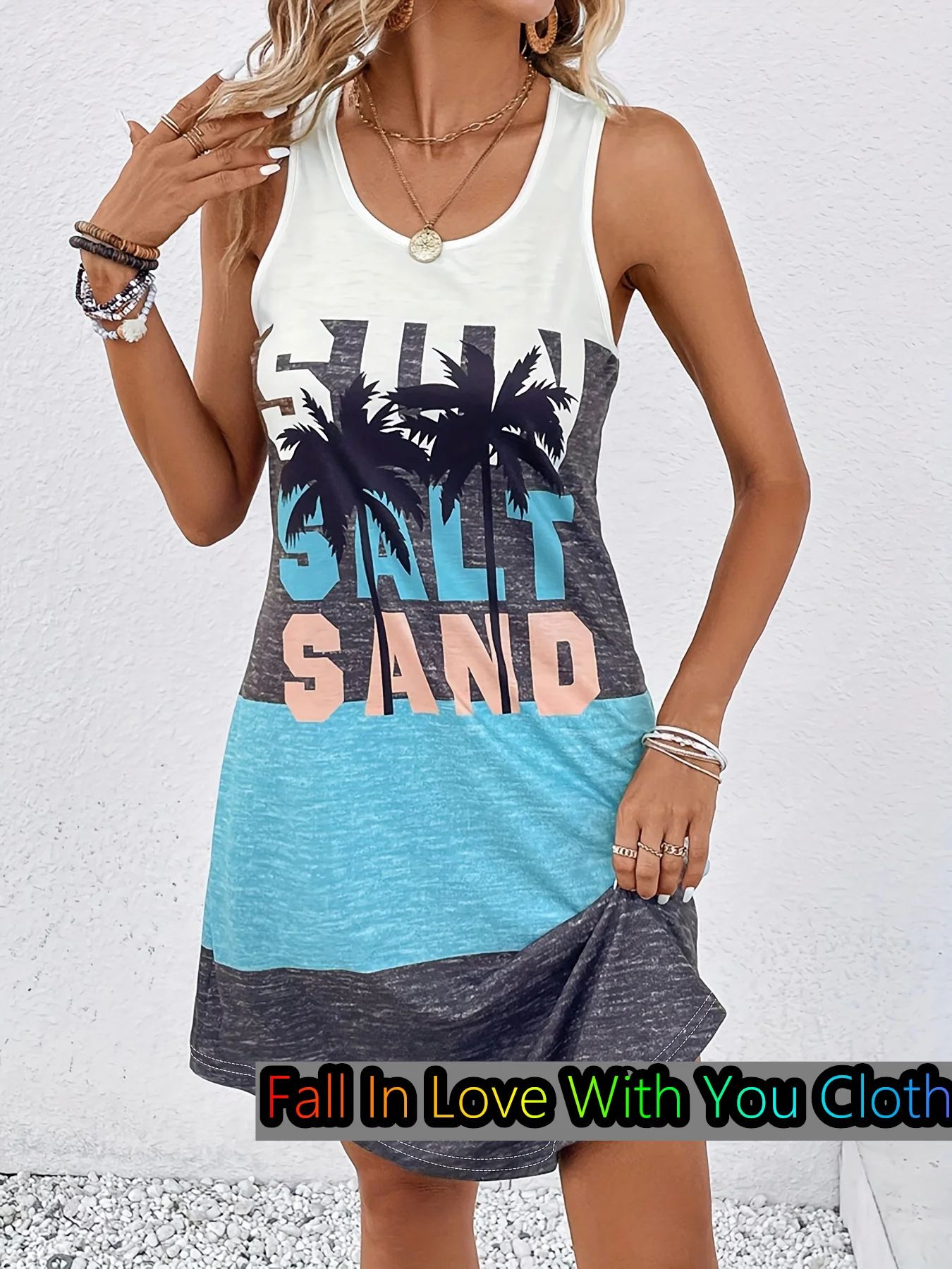 Fashion Coconut Tree & Color Block Sleeveless Round Neck Dress Summer Vacation Casual Dress Beach Bohemian Dress Women Clothing