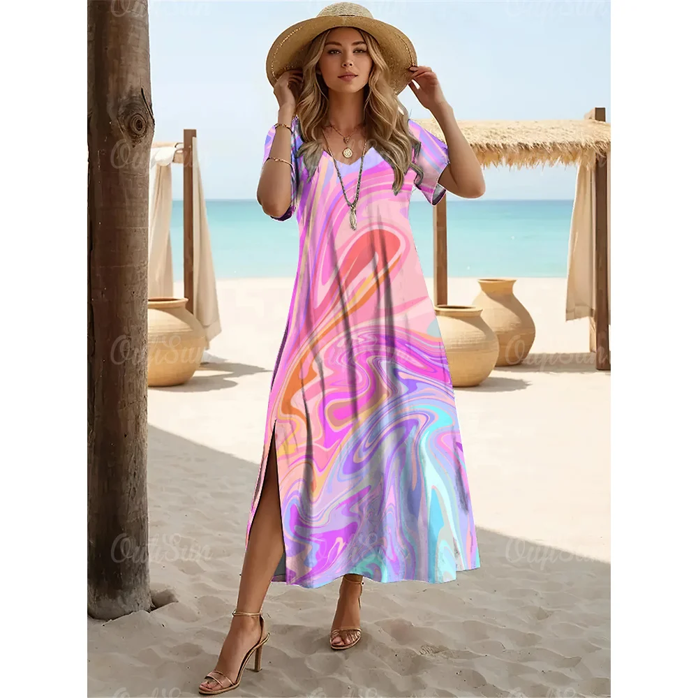 Fashions Women's Clothing Elegant Womens V-Neck Dresses Leopard Print Slit Long Dress Woman A-Line Skirt Summer Loose Pullover - Image 26