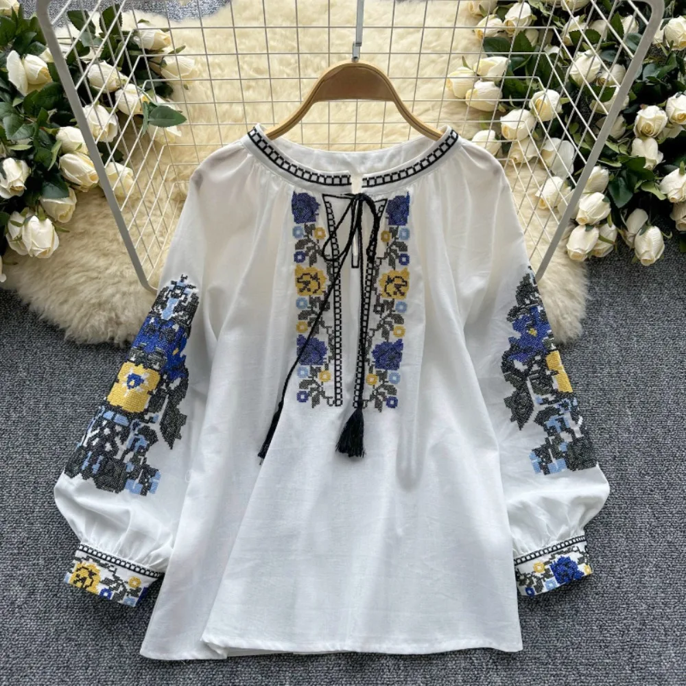 Neploe Fresh O Neck Lantern Sleeve Pullover Panelled Mujer Sweet Lace Up All-match Embroidery Shirt New Heavy Tassels Blouses - Image 7