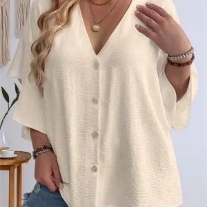 Plus Size Woman Casual T-shirt Solid Color Breathable Spring/summer V-neck Button Travel Wear American Style Female Clothing