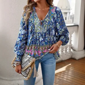 Fitshinling Vintage Lantern Sleeve Top Female Clothing Bohemian Print Blouse Women Lace Up Spring Autumn Blusas Femme Shirts New
