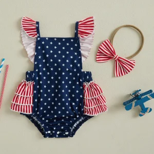 Toddler Girls American Flag Romper with Ruffle Sleeve and Bow Headband Set for 4th of July Celebration
