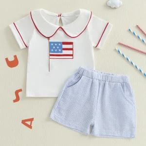 2025-02-26 Lioraitiin Toddler Boy 4th of July Outfit American Flag Embroidery Short Sleeve Doll Collar T-Shirt Stripe Shorts Set