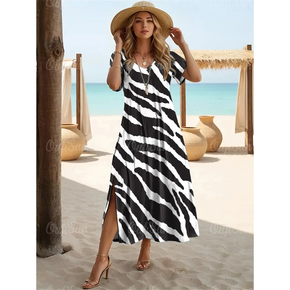 Fashions Women's Clothing Elegant Womens V-Neck Dresses Leopard Print Slit Long Dress Woman A-Line Skirt Summer Loose Pullover - Image 4