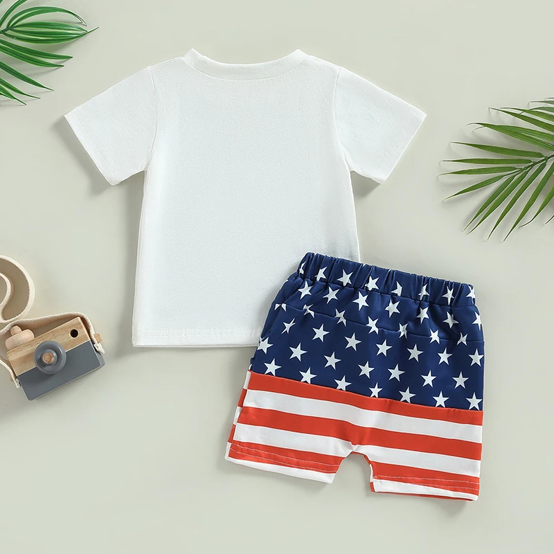 2023-02-28 Lioraitiin 0-3Years Toddler Boys 4th of July Outfits Short Sleeve Letter Print T-Shirts Knot Front Shorts Set - Image 3