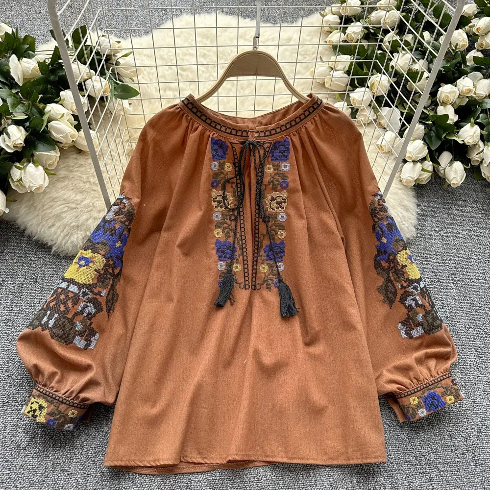 Neploe Fresh O Neck Lantern Sleeve Pullover Panelled Mujer Sweet Lace Up All-match Embroidery Shirt New Heavy Tassels Blouses - Image 4