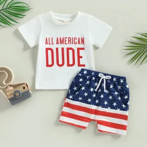 2023-02-28 Lioraitiin 0-3Years Toddler Boys 4th of July Outfits Short Sleeve Letter Print T-Shirts Knot Front Shorts Set
