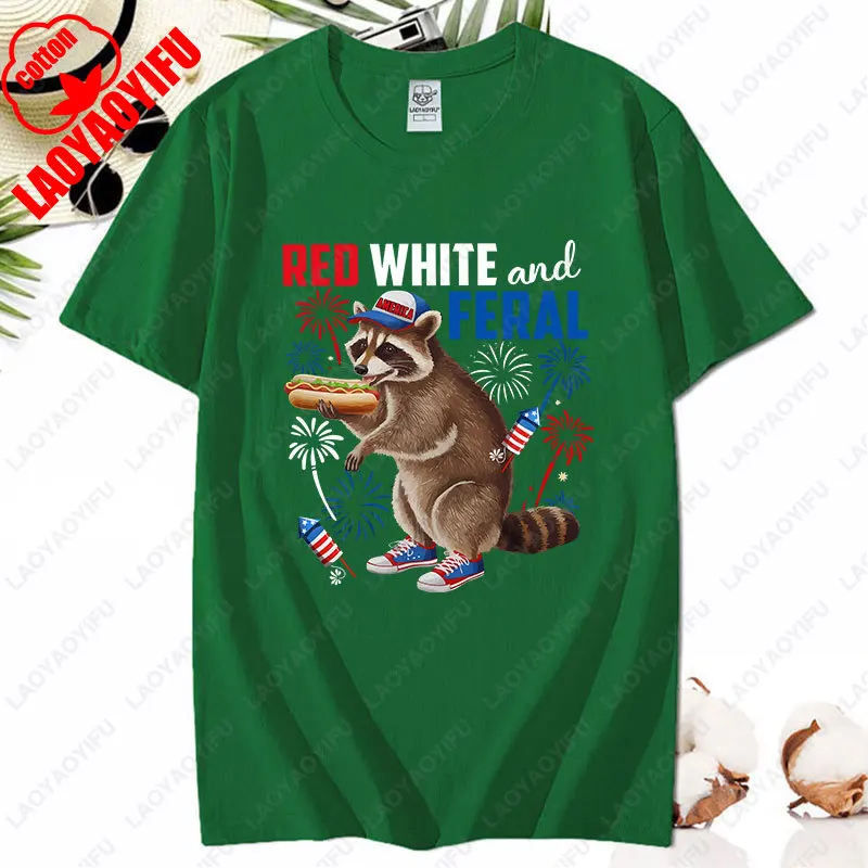 Red White and Feral Humorous 4th of July Raccoon Eating Hotdog Patriotic TShirt Novelty Cool All Match Tee Women Men Cotton Tops - Image 12