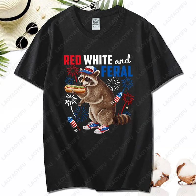 Red White and Feral Humorous 4th of July Raccoon Eating Hotdog Patriotic TShirt Novelty Cool All Match Tee Women Men Cotton Tops - Image 2
