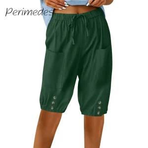 Capris Cropped Pants For Women Linen Half Pants High Waist Casual Pants Button Drawstring Knee Length With Pockets 2024 Summer