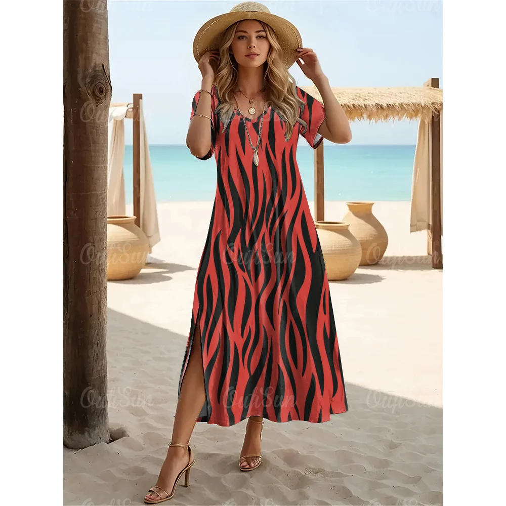 Fashions Women's Clothing Elegant Womens V-Neck Dresses Leopard Print Slit Long Dress Woman A-Line Skirt Summer Loose Pullover - Image 6