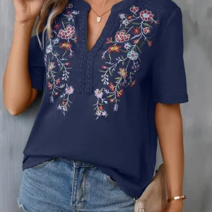 Vintage Casual Blouses For Women Summer New Fashion V-neck Embroidered Stitching Lace Loose Womenes Shirts Top Vacation Clothing