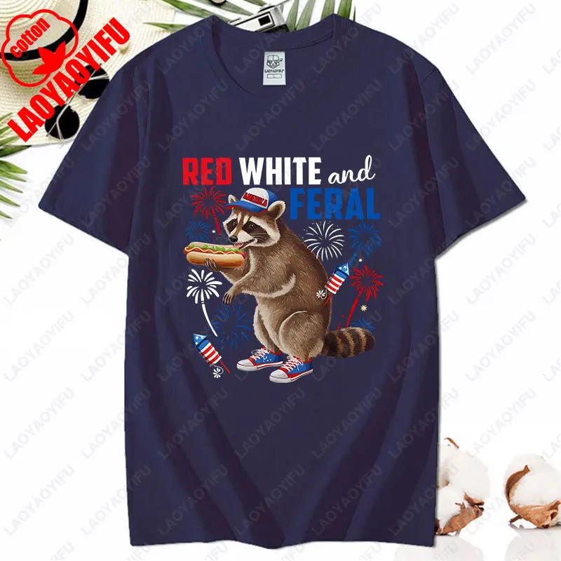 Red White and Feral Humorous 4th of July Raccoon Eating Hotdog Patriotic TShirt Novelty Cool All Match Tee Women Men Cotton Tops - Image 7