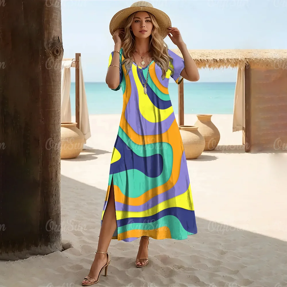 Fashions Women's Clothing Elegant Womens V-Neck Dresses Leopard Print Slit Long Dress Woman A-Line Skirt Summer Loose Pullover - Image 23