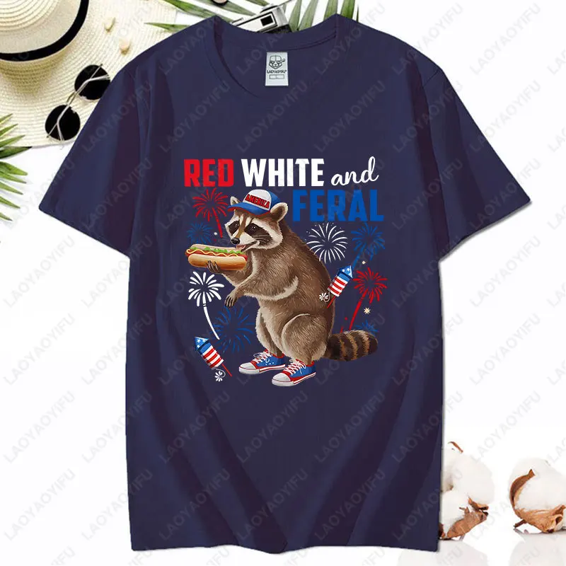 Red White and Feral Humorous 4th of July Raccoon Eating Hotdog Patriotic TShirt Novelty Cool All Match Tee Women Men Cotton Tops - Image 4