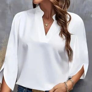 Plus Size Shirts New V-neck Summer Elegant Women's Blouses Solid Color Loose Short Sleeve Casual White Office Lady Tops Clothing