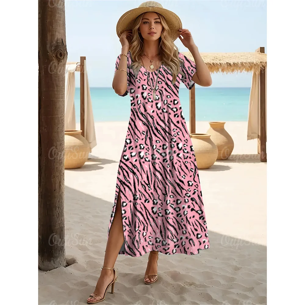 Fashions Women's Clothing Elegant Womens V-Neck Dresses Leopard Print Slit Long Dress Woman A-Line Skirt Summer Loose Pullover - Image 16