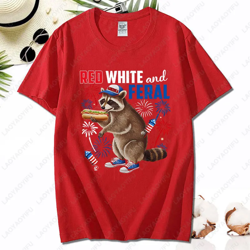 Red White and Feral Humorous 4th of July Raccoon Eating Hotdog Patriotic TShirt Novelty Cool All Match Tee Women Men Cotton Tops - Image 3