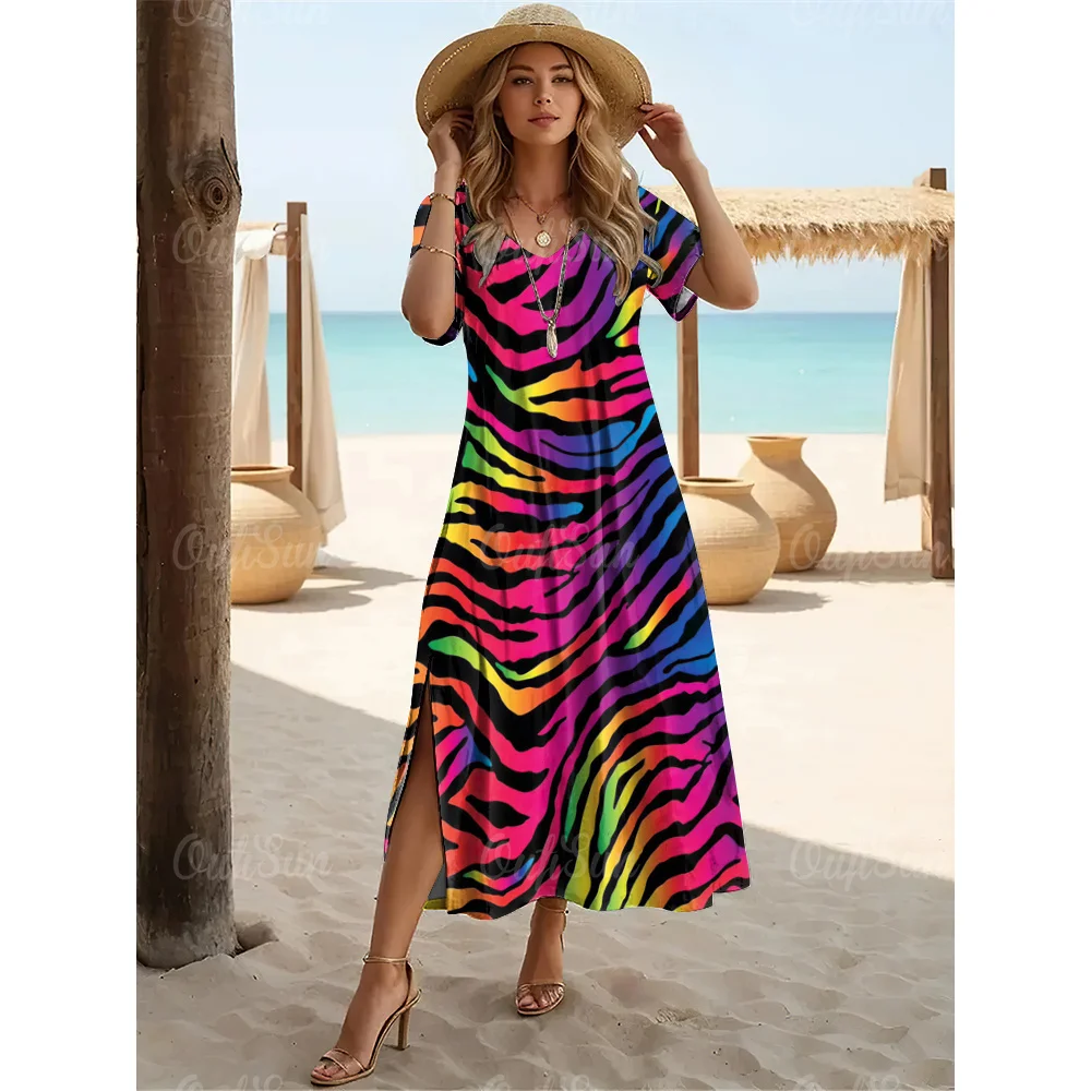 Fashions Women's Clothing Elegant Womens V-Neck Dresses Leopard Print Slit Long Dress Woman A-Line Skirt Summer Loose Pullover - Image 14