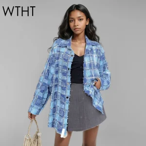 WTHT Fashion Trendy Women's Diamonds Plaid Plush Edge Shirt 2025 Spring Single Breasted Long Sleeves Blouse Female 1LS651